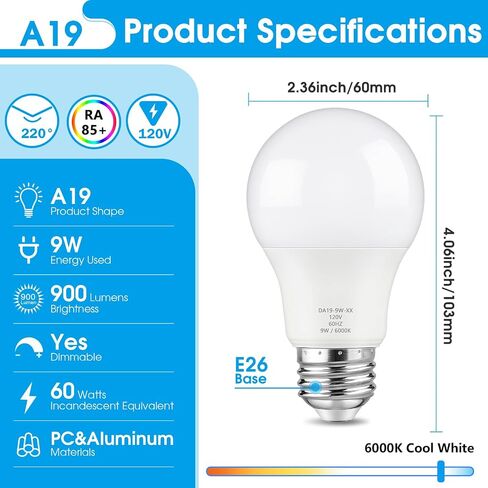 A19 LED Light Bulb Dimmable, 60 Watt Equivalent LED Bulbs, Daylight White 5000K, 900 Lumen, E26 Base, 9W Bright White Light Bulb, 12-Pack in Saudi Arabia