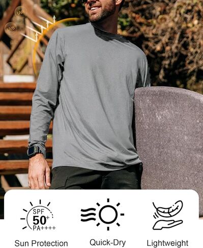 تي شيرت رجالي بأكمام طويلة بعامل حماية من الأشعة فوق البنفسجية 50+ للحماية من أشعة الشمس فوق البنفسجية وسريع الجفاف، تي شيرت للسباحة والجري الرياضي in Kuwait
