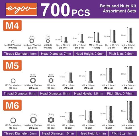 100PCS M6 heavy-duty bolt and nut combination set, 304 stainless steel, including The five most common sizes of M6 with screws, nuts, bolts, and washers in Saudi Arabia