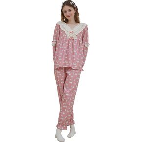 ULLALA Pajamas for Women Vintage Long sleeve 30'S Cotton Lollicat Two-Piece Indie pink Soft Sleepwear 2Piece one Size in Kuwait