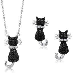 Gem Stone King 925 Sterling Silver Black and White Cubic Zirconia Cat Pendant Earrings Set For Women with 18 Inch Silver Chain
