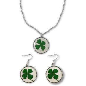 Zian St. Patrick's Day Earring Necklace Clear Round Green Four-Leaf Clover Vintage Silver Necklace Earring Set Holiday Jewelry Gifts For Women Girl in Kuwait