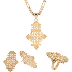 Ethiopian Cross Pendant Earring Ring Necklace Set 24k African Gold Corss Symbol Jewelry Set