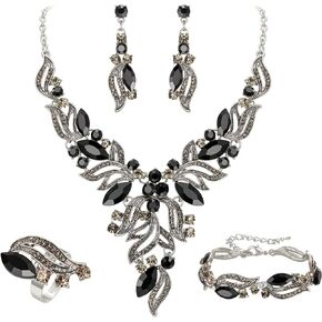 EVER FAITH Bridal Wedding Crystal Marquise Crystal Leaf Cluster Statement Y-Shaped Necklace Earrings Bracelet Ring Set for Prom