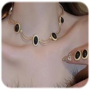Vintage Black Crystal Rhinestone Necklace Earrings Set Gold Plated Black Crystal Choker Necklace Rhinestone Beads Stud Earrings Bohemian Crystal Necklaces Earring Set for Women Girls