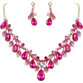 BriLove Women's Wedding Bridal Crystal Teardrop Cluster Leaf Vine Enamel Statement Necklace Dangle Earrings Set