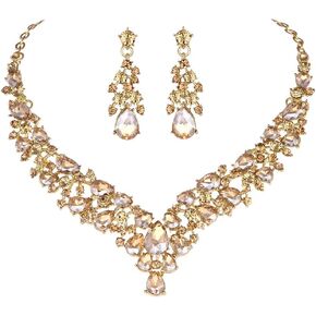 Molie Austrian Rhinestone Crystal Wedding Gown Prom Ball Necklace Earrings Jewelry Set for Brides Dress