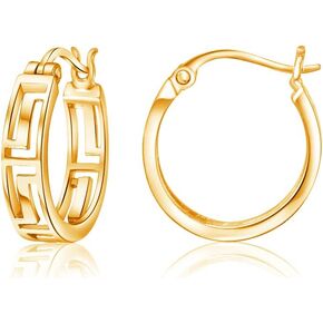 Hoops & Loops 925 Sterling Silver Greek Key Round Click-Top Hoop Earrings for Women, Teen Girls 15mm, 20mm | Silver, Yellow Gold, Rose Gold