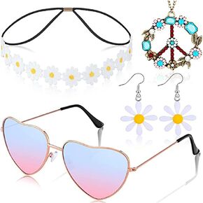 4 Pcs Hippie Costume Accessories Set Peace Sign Necklaces Daisy Earrings Daisy Flower Headband and Hippie Glasses 60s Outfits for Women Silver, Silver, L