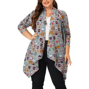 Agnes Orinda Plus Size Cardigan for Women Owl Flowy Print Loose Open Front Sweater Cardigans Halloween