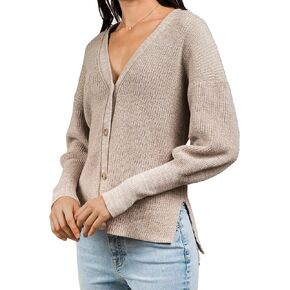 Women's 100% Cotton Knitted Sweater Madison Marled Puff Sleeve Cardigan in Oatmeal