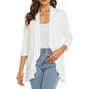 Womens Lightweight Cardigan Open Front Cardigans Soft Draped Ruffles 3/4 Sleeve Cardigan (S-3XL)