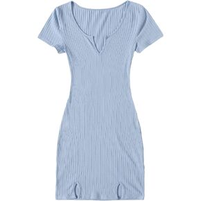 SweatyRocks Women's Casual Short Sleeve Notched V Neck Bodycon Mini Dress Solid Ribbed Knit Split Pencil Dresses