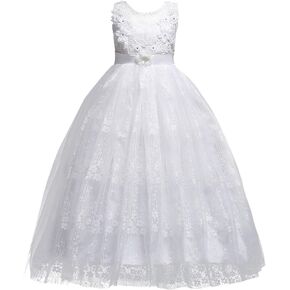 FMYFWY Little Big Girls Flower Tulle Lace Dress Sleeveless Princess Pageant Birthday Party Wedding Dance Evening Long Gown