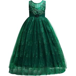 FMYFWY Little Big Girls Flower Tulle Lace Dress Sleeveless Princess Pageant Birthday Party Wedding Dance Evening Long Gown in Kuwait