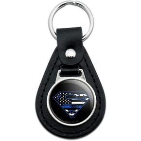 GRAPHICS & MORE Black Leather Superman Thin Blue Line Flag Shield Logo Keychain