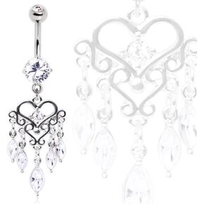 WildKlass Jewelry Gemmed Chandelier Heart Dangle Navel Ring 316L Surgical Steel