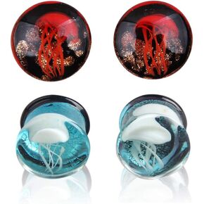 NewZenro Glass Ocean Jellyfish Ear Plugs Gauges Tunnel Expanders Stretcher Unique Earrings Double Flared Piercings Body Jewelry Blue Red Set (9/16"(14mm))