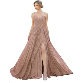 Meier Women's Metallic Glitter Pleated Long Prom Formal Dress