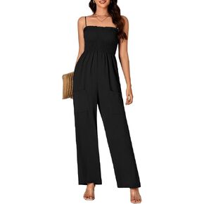 Vrtige Women's Sleeveless Spaghetti Strap Shirred High Waist Wide Leg Pants long Romper Jumpsuit with Pockets in Saudi Arabia
