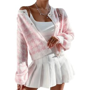 SweatyRocks Women's Houndstooth Long Sleeve Button Down Cardigan Crop Top Casual Drop Shoulder Sweater Outerwear