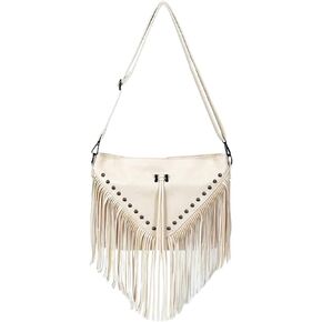 Casual Rivets Fringed Shoulder Handbag for Women,Soft Vegan Leather Hippie Crossbody Purse Bag Hobo Bag
