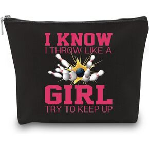 GJTIM Bowling Gift Bowling Lover Cosmetic Bag I Know I Throw Like A Girl Try To Keep Up Bowling Travel Zipper Pouch for Bowling Team (Keep Up Bowling Bag)