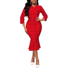 Women's Church Dress Formal Long Sleeve Vintage Ruffle Wrap Work Midi Pencil Dresses