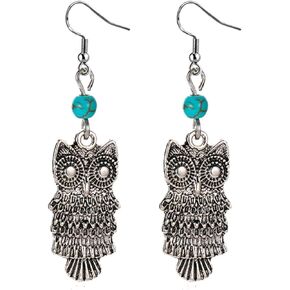 Owl Earrings for Women Girls Bohemian Vintage Antique Indian Owl Bird Earrings Boho Ethnic Gypsy Tribal Turquoise Owl Dangle Earrings Charm Retro Personality Long Animal Owl Earrings Statement Earrings Jewelry Gift