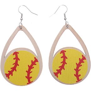 Wooden Football Basketball Volleyball Teardrop Dangle Drop Earrings For Women Girls Handmade Hollow Natural Wood Tennis Ball Sports Round Geometric Lightweight Earrings for Player Fan Jewelry Gifts
