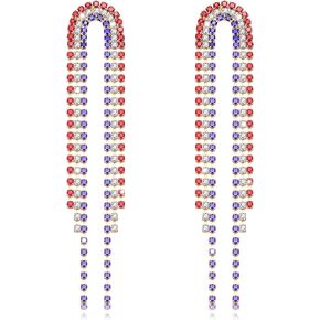 4 th of July Earrings for Women Hypoallergenic Fourth of July Earrings Patriotic Star Dangle Earrings Boho Red White and Blue Sparkle Rhinestone Arch Tassel Long Dangling Earrings July 4 th American Flag Earrings Jewelry Gift for Women Girls