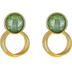 coadipress Green Round Stud Earrings for Women Girls Fashion Gold Plated 925 Sterling Silver Dipped Circle Dangle Drop Geometric Brushed Statement Earrings