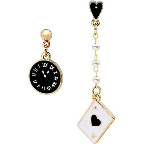 Asymmetric Clock Poker Pearl Dangle Earrings,Playing Cards Stud Earrings Red Hearts Dangle Earrings Long Pentagram Alarm Clock Drop Earrings for Women Girls Christmas Gifts