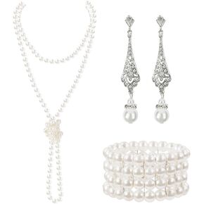 GHGMAO 1920s Pearl Jewelry Set Include Long Pearl Necklace and Earring Set Multilayer Pearl Bracelet Flapper Accessories for Women Girls