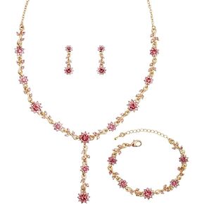 3 Pcs Elegant Bride Bridal Austrian Crystal Flower Shaped Necklace Dangle Earring Bracelet Wedding Party Jewelry Set for Women