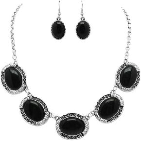 Rosemarie Collections Women’s Western Style Concho Oval Howlite Stones With Dainty Crystal Rhinestone Detail Statement Necklace Earrings Set, 17"+3" Extender