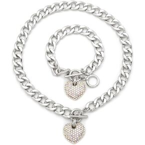 Women's Pave Filled 3D Heart Pendant 16" Cuban Link Chain & Bracelet Set in Gold, Silver Color Plated