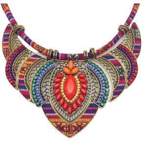 Outyua Bohemian African Choker Necklace Women's Jewelry Collar Bib Chunky Necklaces Statement Ethnic Style Tribal Beaded Rope Festival Costume Colorful Necklace