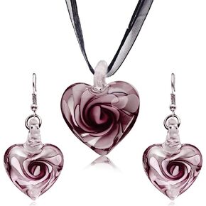Handmade Inspired Glass - Glass Rose - Heart Pendant Necklace Set in Saudi Arabia