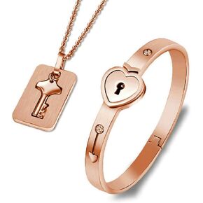 His and Hers Korean Style Rosegold Stainless Steel Hold The Key to My Heart Forever Lock Bangle Bracelet and Key Pendant Necklace Set-BR399