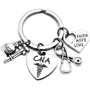 CNA Certified Nursing Assistant Keychain, CNA Keychain, Stethoscope, Syringe, Caduceus Medical Symbol Keychain, Faith Hope Love Charm, Nursing School, Medical Student Gift, CNA Key Ring