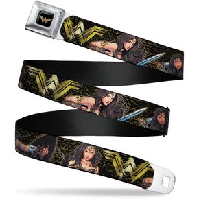 Buckle-Down Men's Seatbelt Belt Wonder Woman Kids, icon/Sketch Poses Black/Gold, 1.0" Wide-20-36 Inches