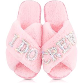 Bridesmaids Wedding Slippers I Do Crew Slide Slippers Women's Wedding Shoes Bridesmaid Plush Furry Warm Cozy Slippers Bridal Party for Bachelorette Party, 9-10