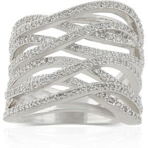 JanKuo Jewelry Rhodium Plated Cubic Zirconia Criss Cross Wide Band Cocktail Ring
