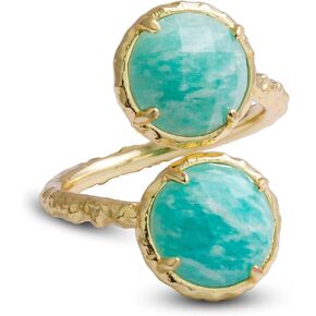 Crystal Rings, Natural Amazonite Rose Quartz Sunstone Amethyst Rings for Women, Double Round Faceted Gemstone Rings, 14K Gold Plated Adjustable Ring, Western Boho Vintage Rings for Mother.