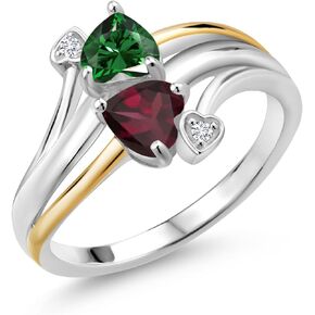 925 Silver and 10K Yellow Gold Green Nano Emerald Red Rhodolite Garnet 2 Heart Promise Couple Engagement Mother Lab Grown Diamond Ring (1.07 Cttw, Gemstone Birthstone, Available In Size 5, 6, 7, 8, 9)