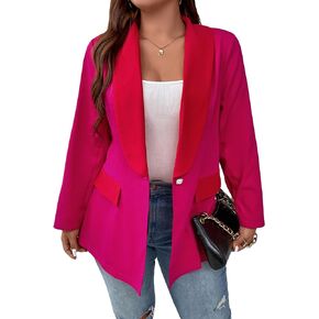 WDIRARA Women's Plus Size Colorblock Shawl Collar Single Button Long Sleeve Casual Blazer Office Wear Jacket