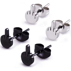 YZstyle 2 Pairs Punk Stainless Steel Silver Black Middle Finger Ear Studs Earrings Womens Mens