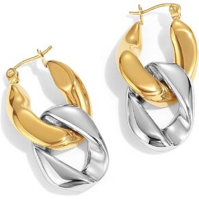 18K Gold Plated Dangle Earrings, Geometric Chain Style, Gold Vermeil Earrings, Gold Tone Chunky Hoop Earrings