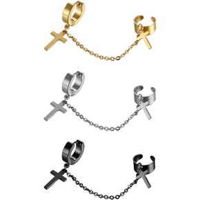 3 pairs Huggie Hinged Hoop Earrings,Cupimatch Ear Cuff Clip with Dangle Drop Cross Chain Earrings for Men Women